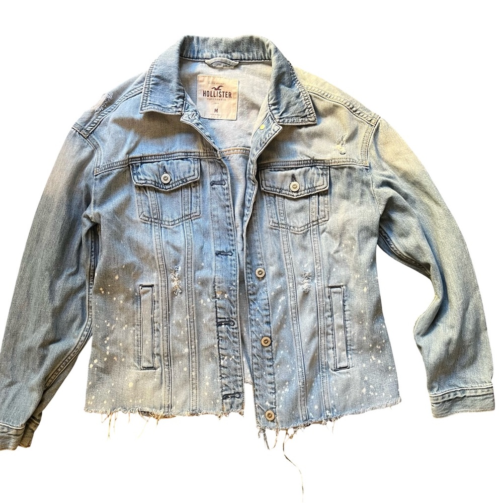 Hollister Distressed Ripped Denim Jean Jacket Women's Light Wash Paint Splatter